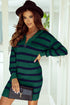 Striped O-Ring Zip Front Collared Drop Shoulder Long Sleeve Sweater Dress